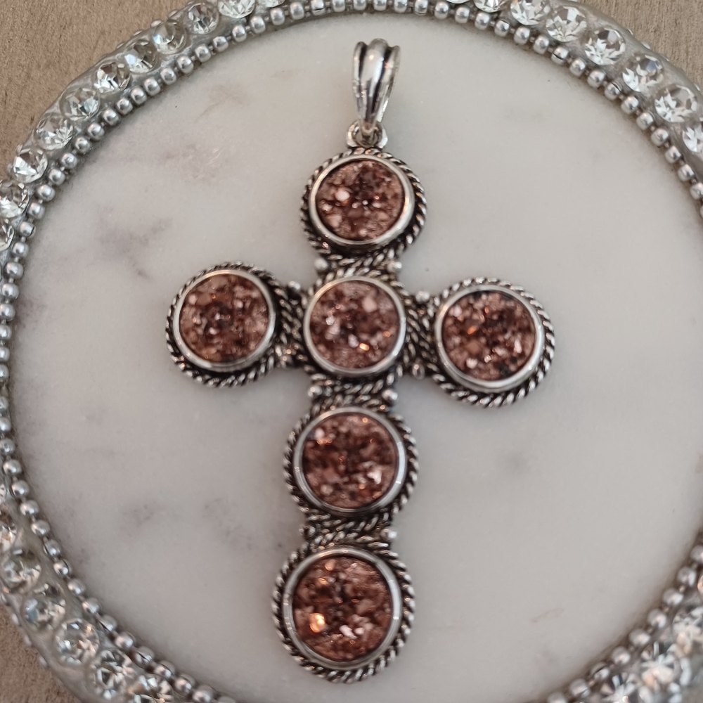 Copper Titanium Druzy Round Braided Cross Pendant